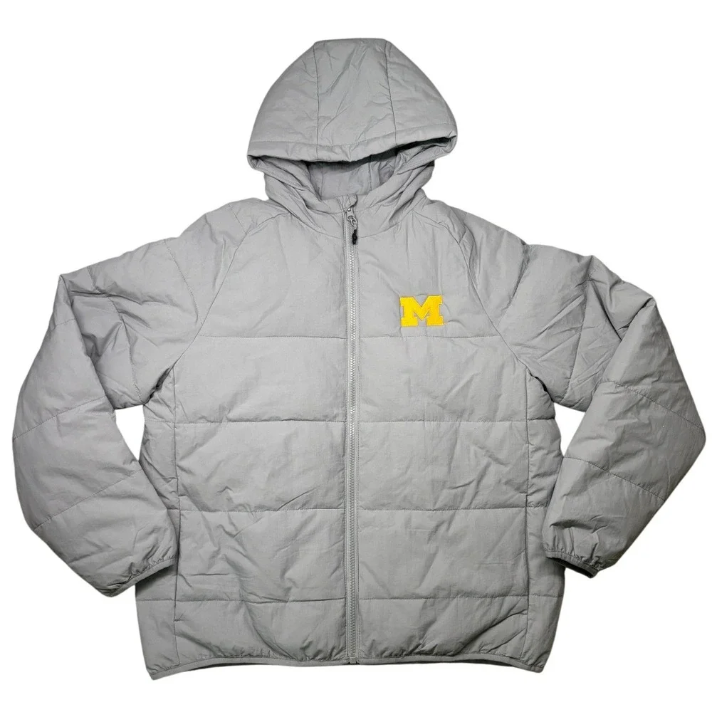 Antigua Puffer Jacket Women L Gray Michigan Wolverines NCAA‎ Hooded Full Zip NWT